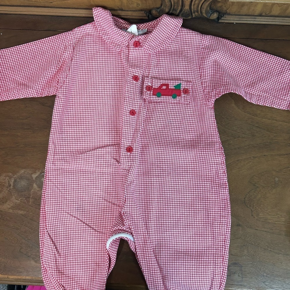 Funtasia too Dallas, Red Checkered Baby Romper w/ Christmas Car Design, Size 9m